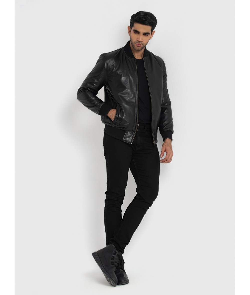 Chris Black Leather Bomber Jacket