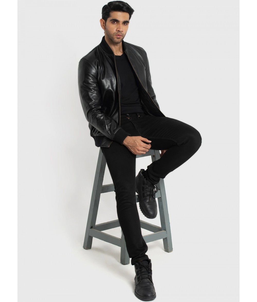 Chris Black Leather Bomber Jacket
