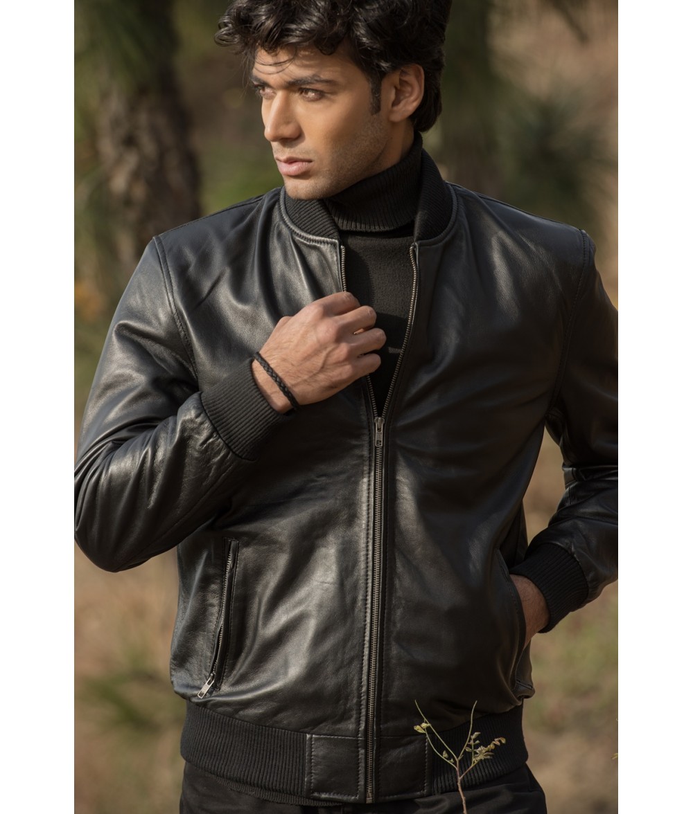 Chris Black Leather Bomber Jacket
