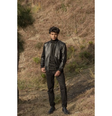 Chris Black Leather Bomber Jacket