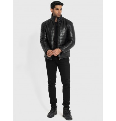 Haydos Black Leather Puffer Jacket