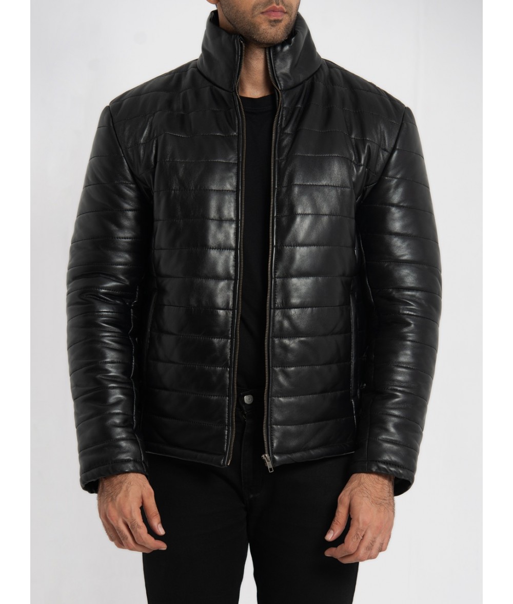 Haydos Black Leather Puffer Jacket