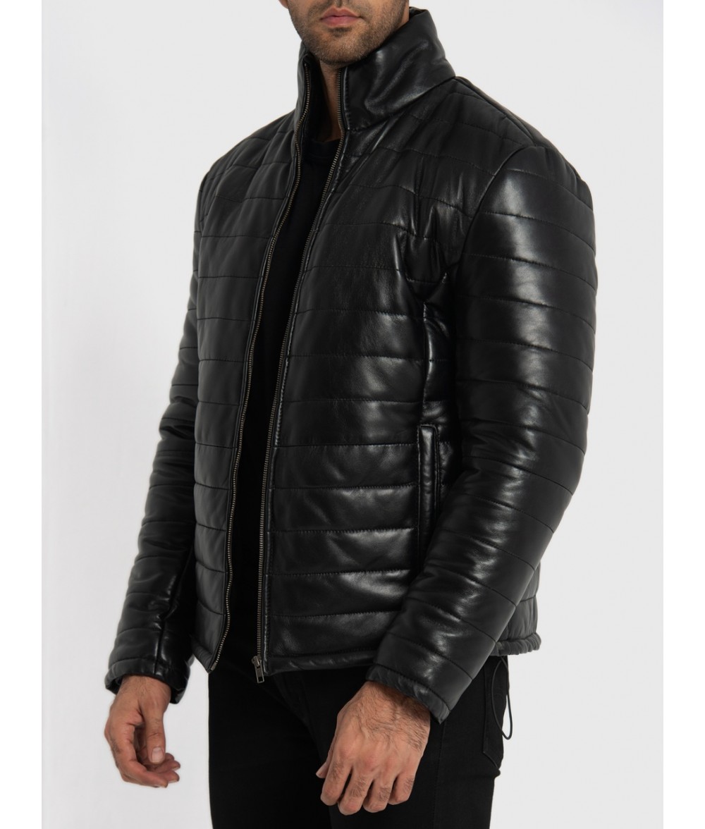 Haydos Black Leather Puffer Jacket