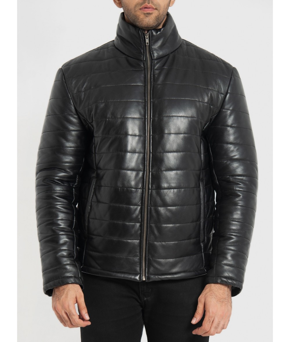 Haydos Black Leather Puffer Jacket