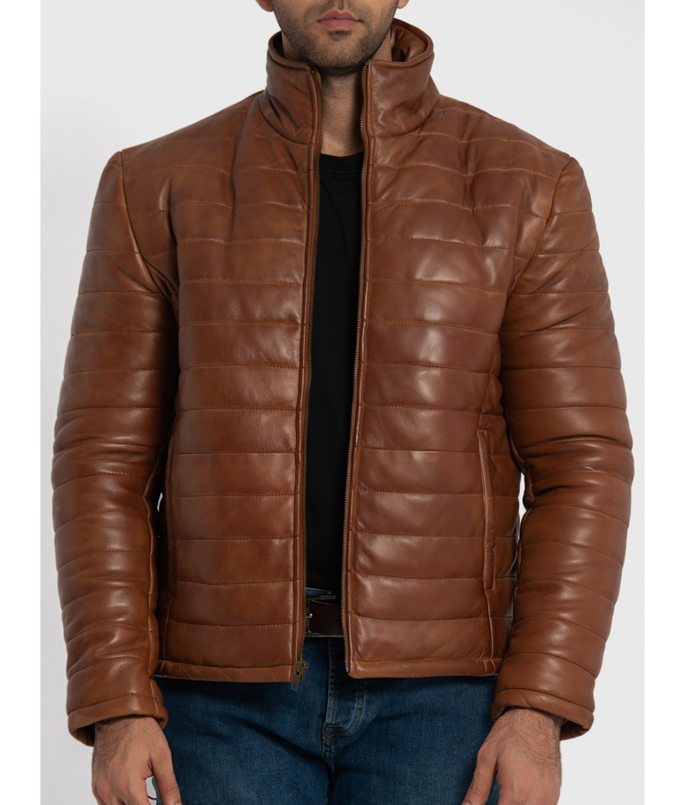 Haydos Cognac Brown Leather Puffer Jacket