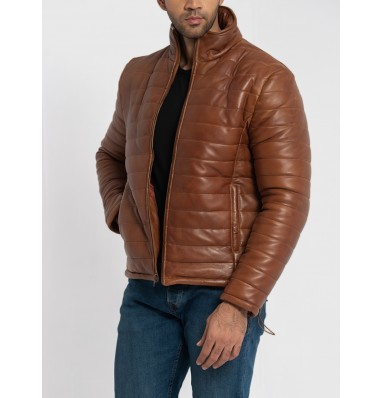 Haydos Cognac Brown Leather Puffer Jacket