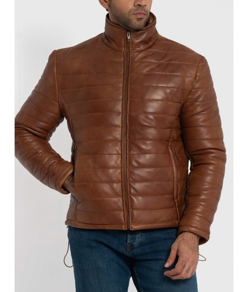 Haydos Cognac Brown Leather Puffer Jacket