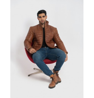 Haydos Cognac Brown Leather Puffer Jacket