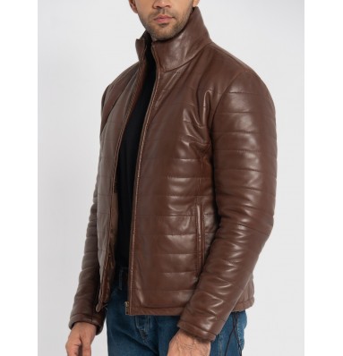 Haydos Oak Brown Leather Puffer Jacket