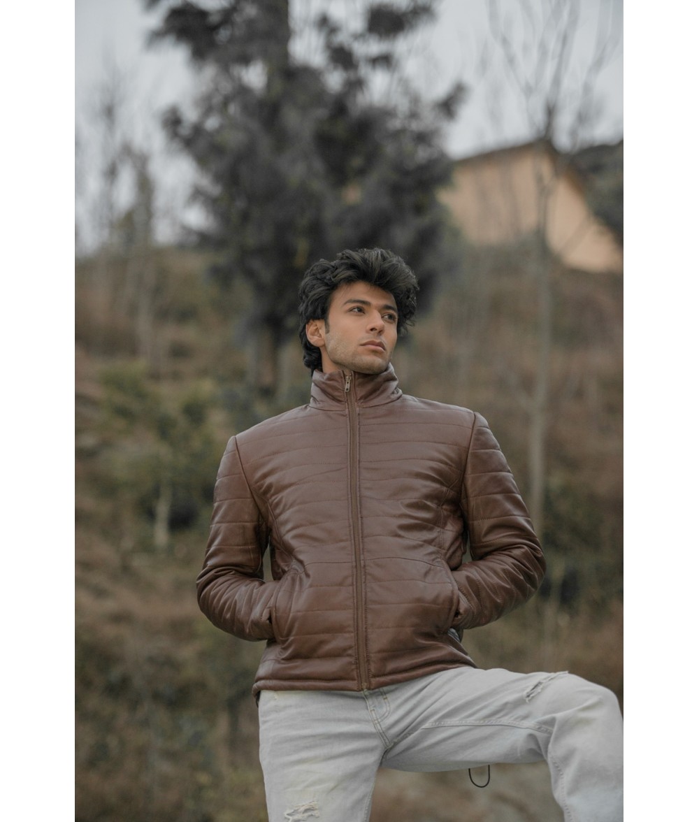 Haydos Oak Brown Leather Puffer Jacket