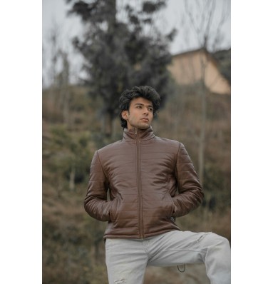 Haydos Oak Brown Leather Puffer Jacket