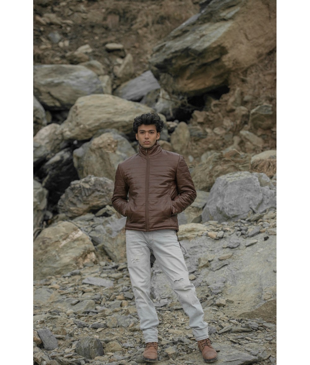 Haydos Oak Brown Leather Puffer Jacket