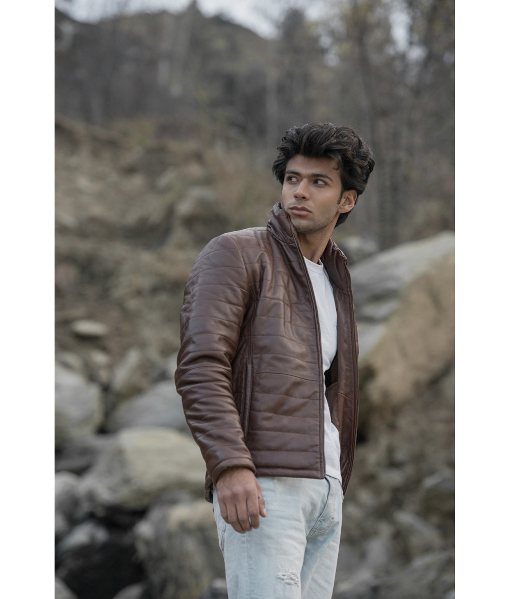 Haydos Oak Brown Leather Puffer Jacket