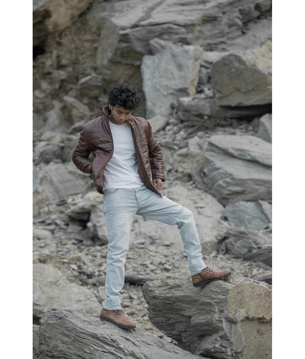 Haydos Oak Brown Leather Puffer Jacket