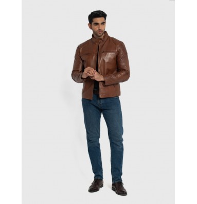 Morris Cognac Brown Leather Cafe Racer Jacket