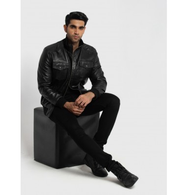 Ranger Black Leather Mens Bomber Jacket