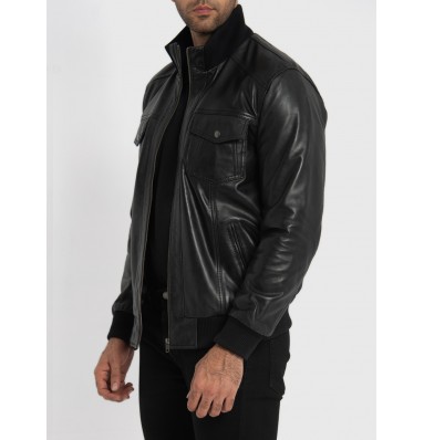 Ranger Black Leather Mens Bomber Jacket