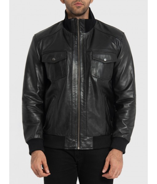 Ranger Black Leather Mens Bomber Jacket
