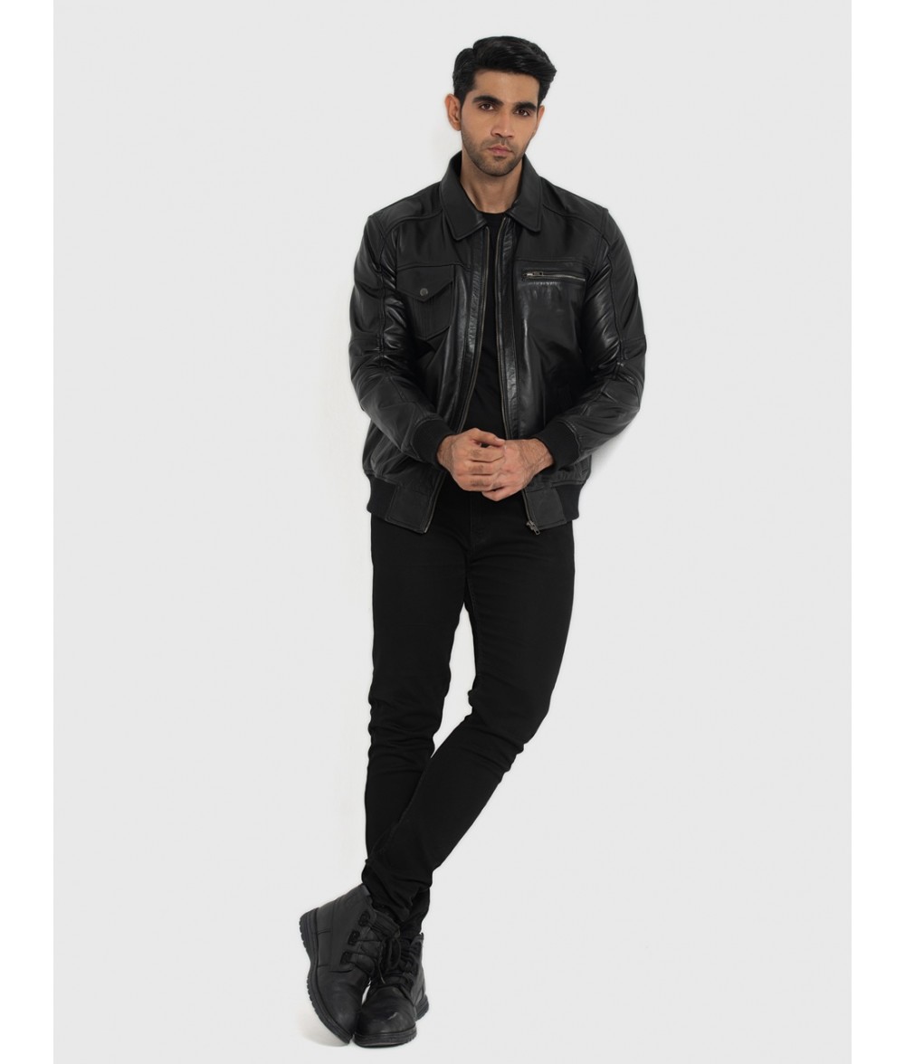 Sherwin Black Leather Bomber Jacket