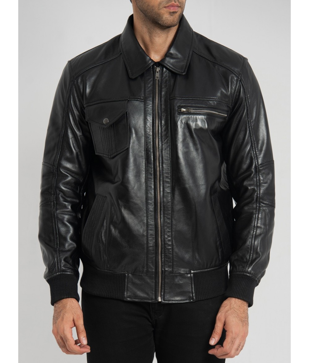 Sherwin Black Leather Bomber Jacket