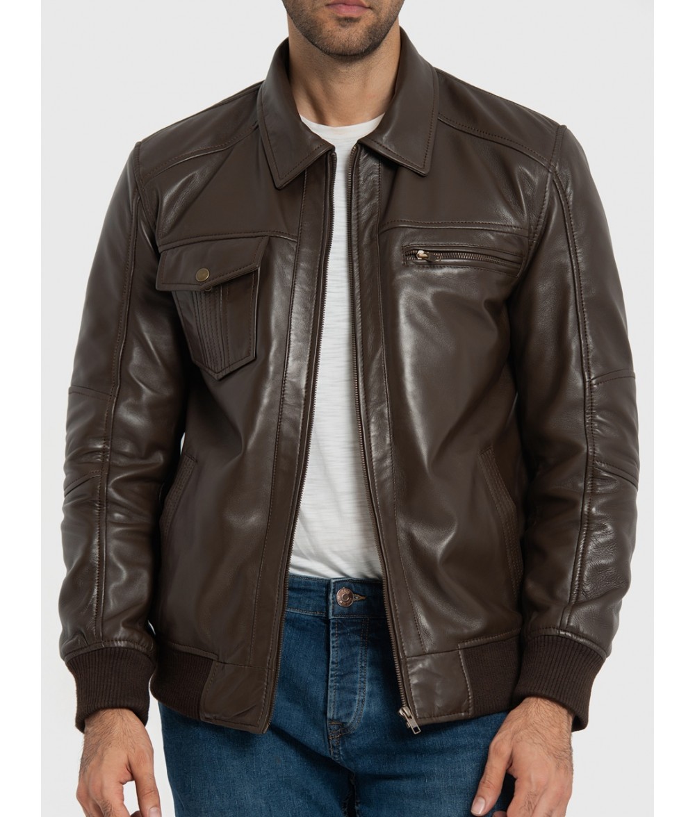 Sherwin Dark Brown Leather Bomber Jacket