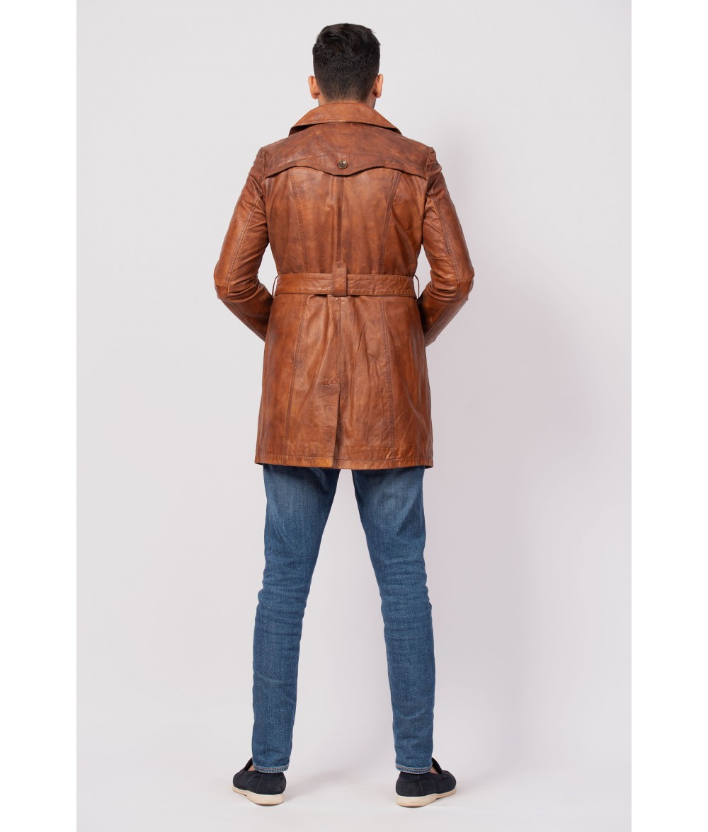 Tampa Brown Leather Trench Coat