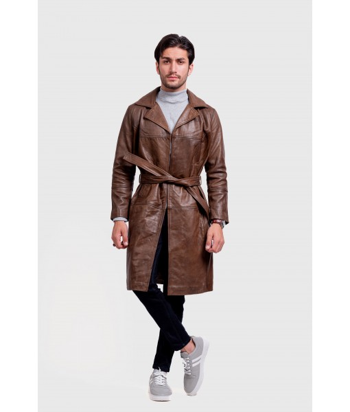Walnut Brown Leather Trench Coat For ...