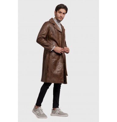 Walnut Brown Leather Trench Coat For Men