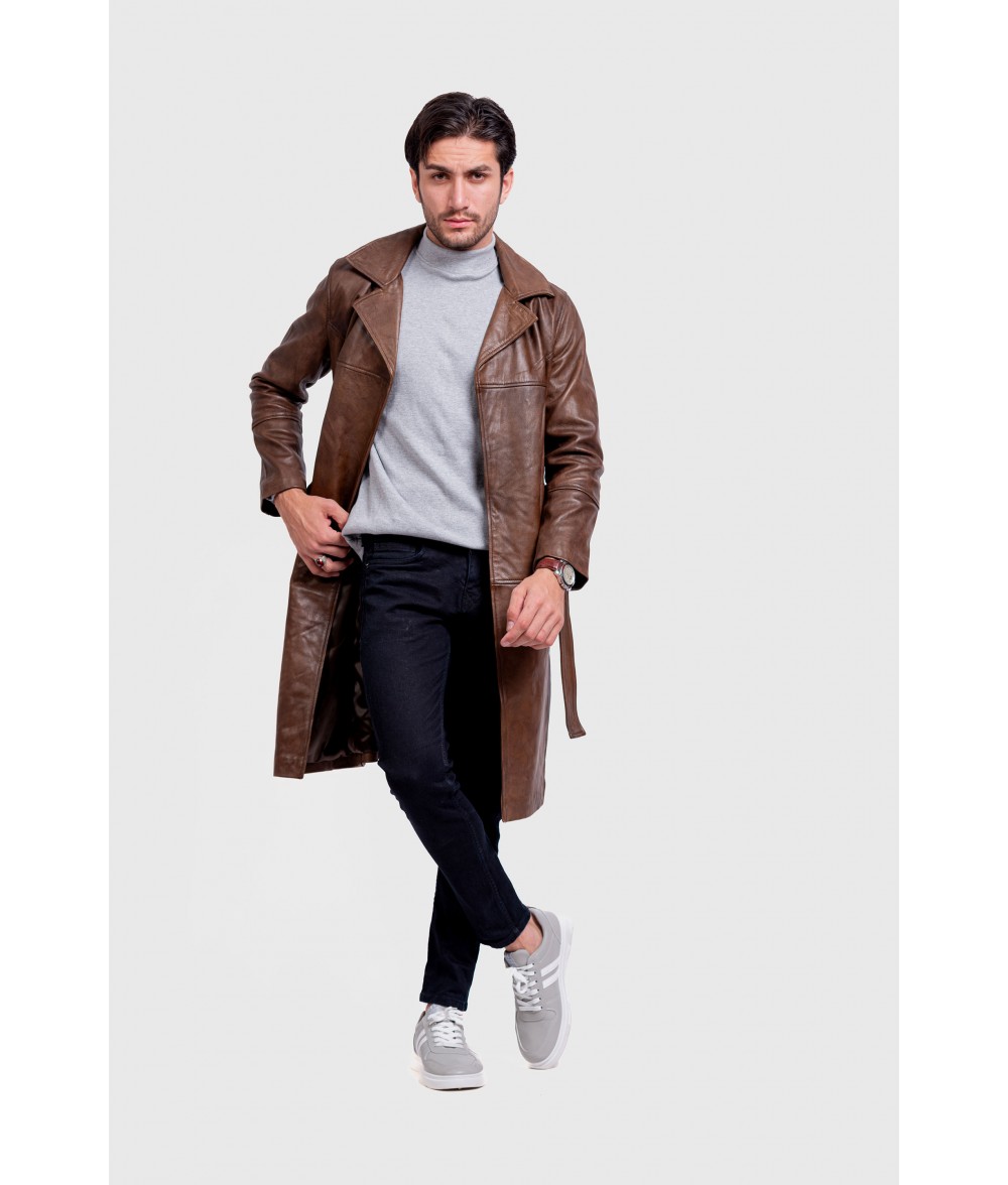 Walnut Brown Leather Trench Coat For Men