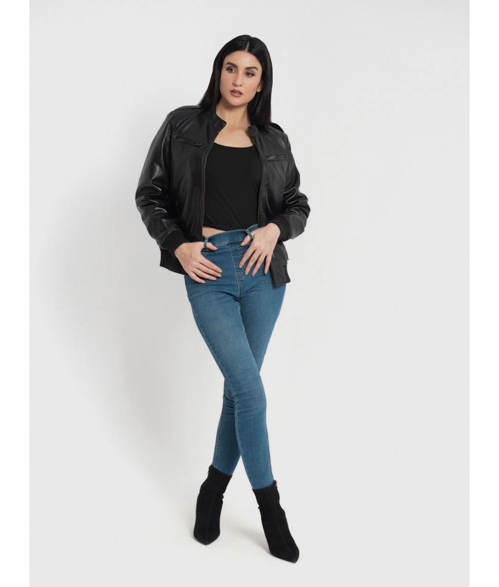 Breeze Black Leather Bomber Jacket 