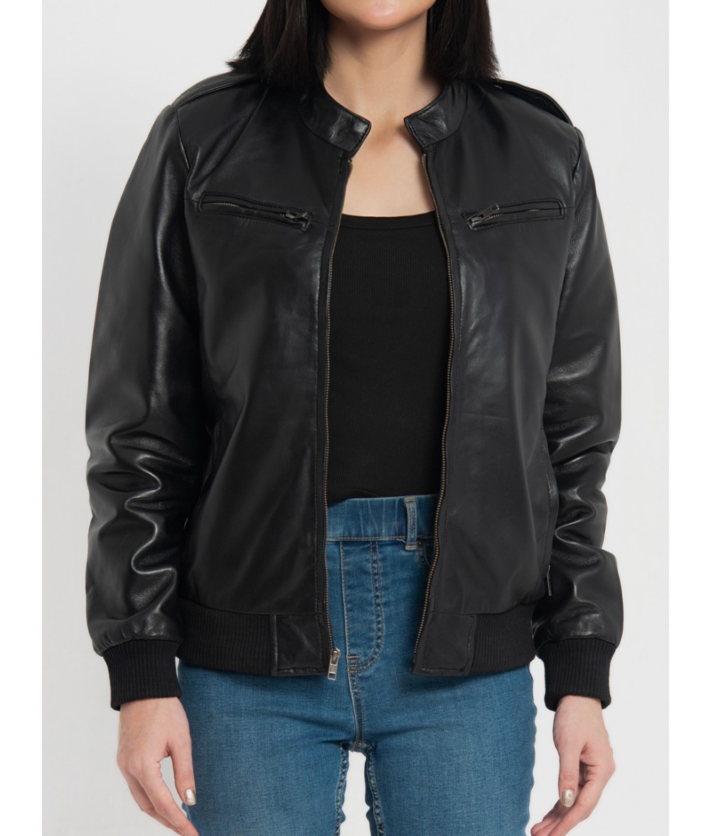 Breeze Black Leather Bomber Jacket 