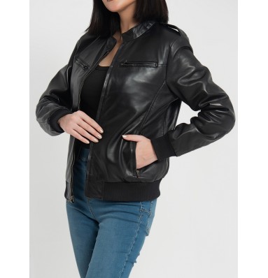 Breeze Black Leather Bomber Jacket 