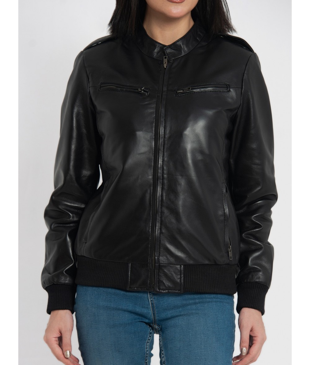 Breeze Black Leather Bomber Jacket 