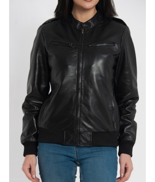 Breeze Black Leather Bomber Jacket 