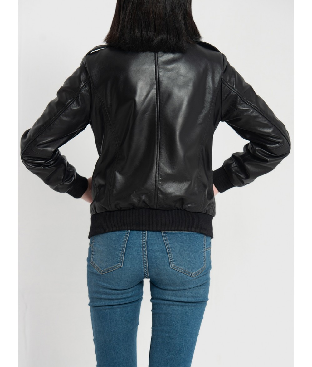 Breeze Black Leather Bomber Jacket 