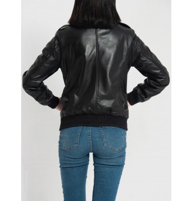 Breeze Black Leather Bomber Jacket 