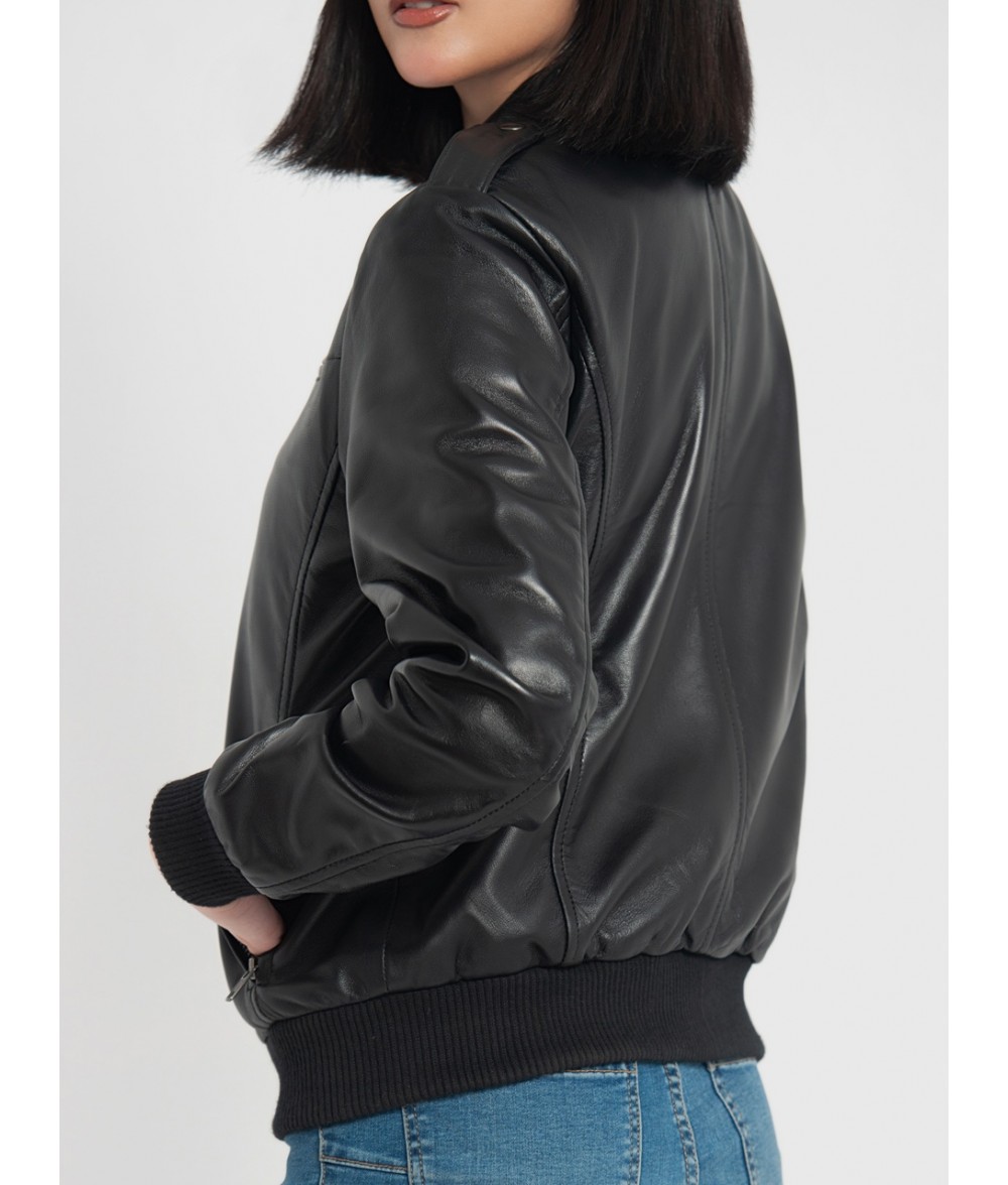 Breeze Black Leather Bomber Jacket 
