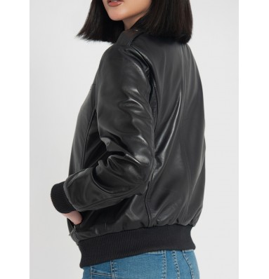 Breeze Black Leather Bomber Jacket 
