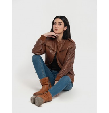 Breeze Cognac Brown Leather Bomber Jacket 