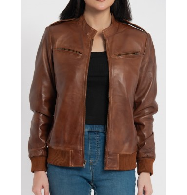 Breeze Cognac Brown Leather Bomber Jacket 