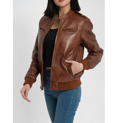 Breeze Cognac Brown Leather Bomber Jacket 
