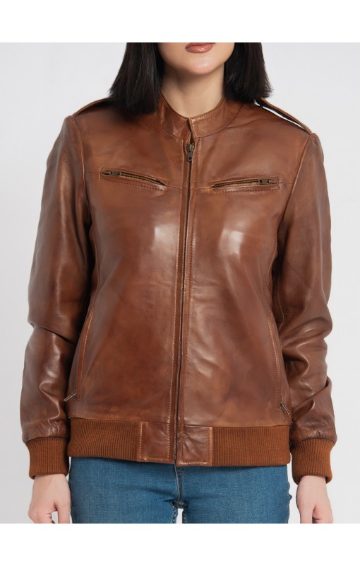 Breeze Cognac Brown Leather Bomber Jacket 
