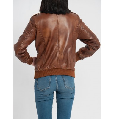 Breeze Cognac Brown Leather Bomber Jacket 