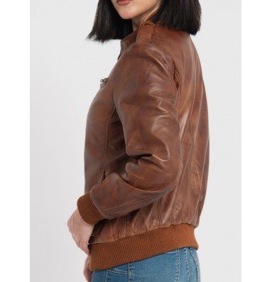 Breeze Cognac Brown Leather Bomber Jacket 