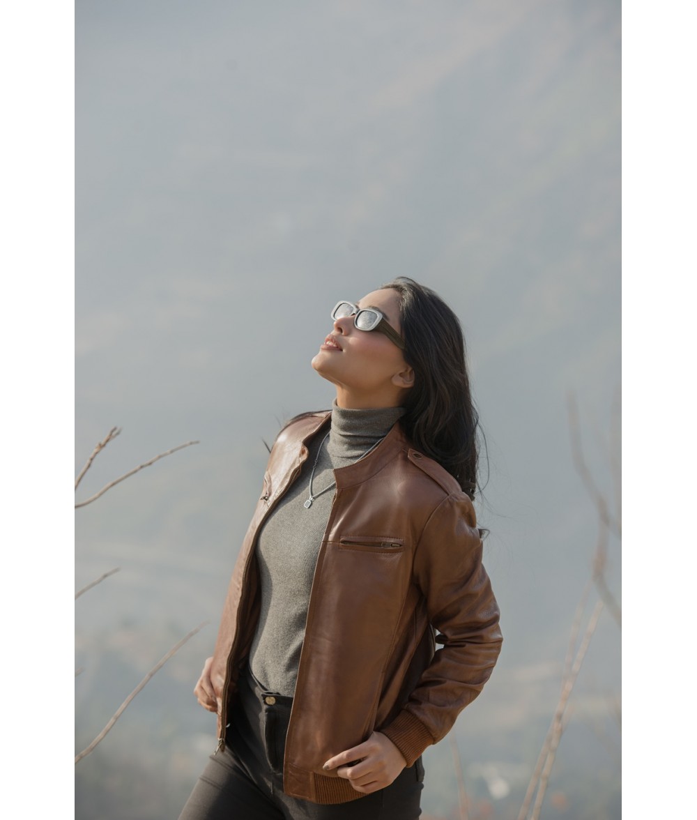 Breeze Cognac Brown Leather Bomber Jacket 