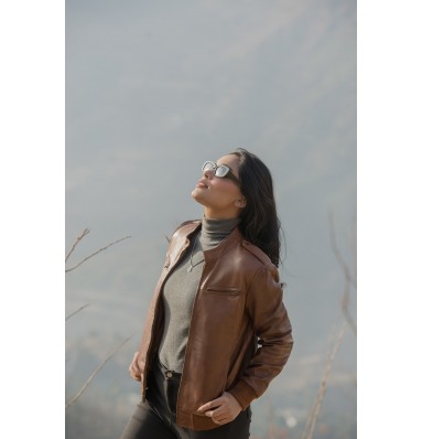 Breeze Cognac Brown Leather Bomber Jacket 