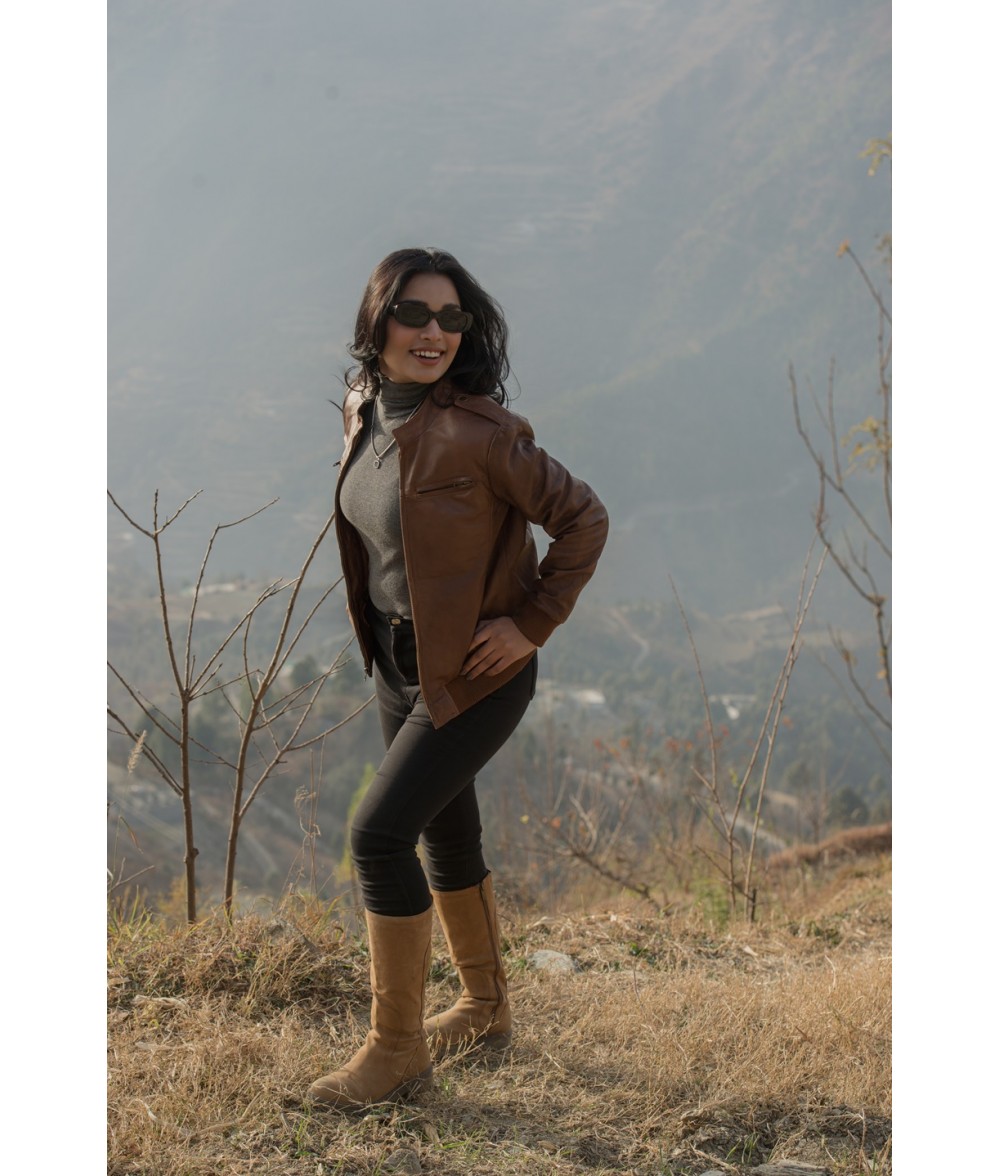 Breeze Cognac Brown Leather Bomber Jacket 