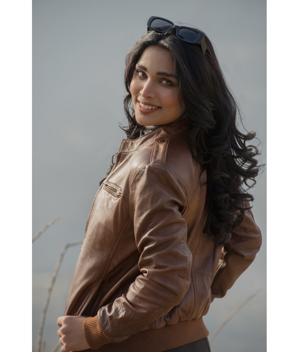 Breeze Cognac Brown Leather Bomber Jacket 