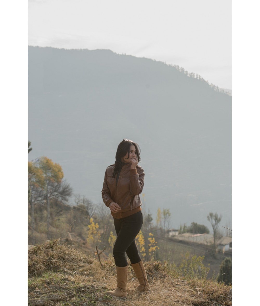 Breeze Cognac Brown Leather Bomber Jacket 