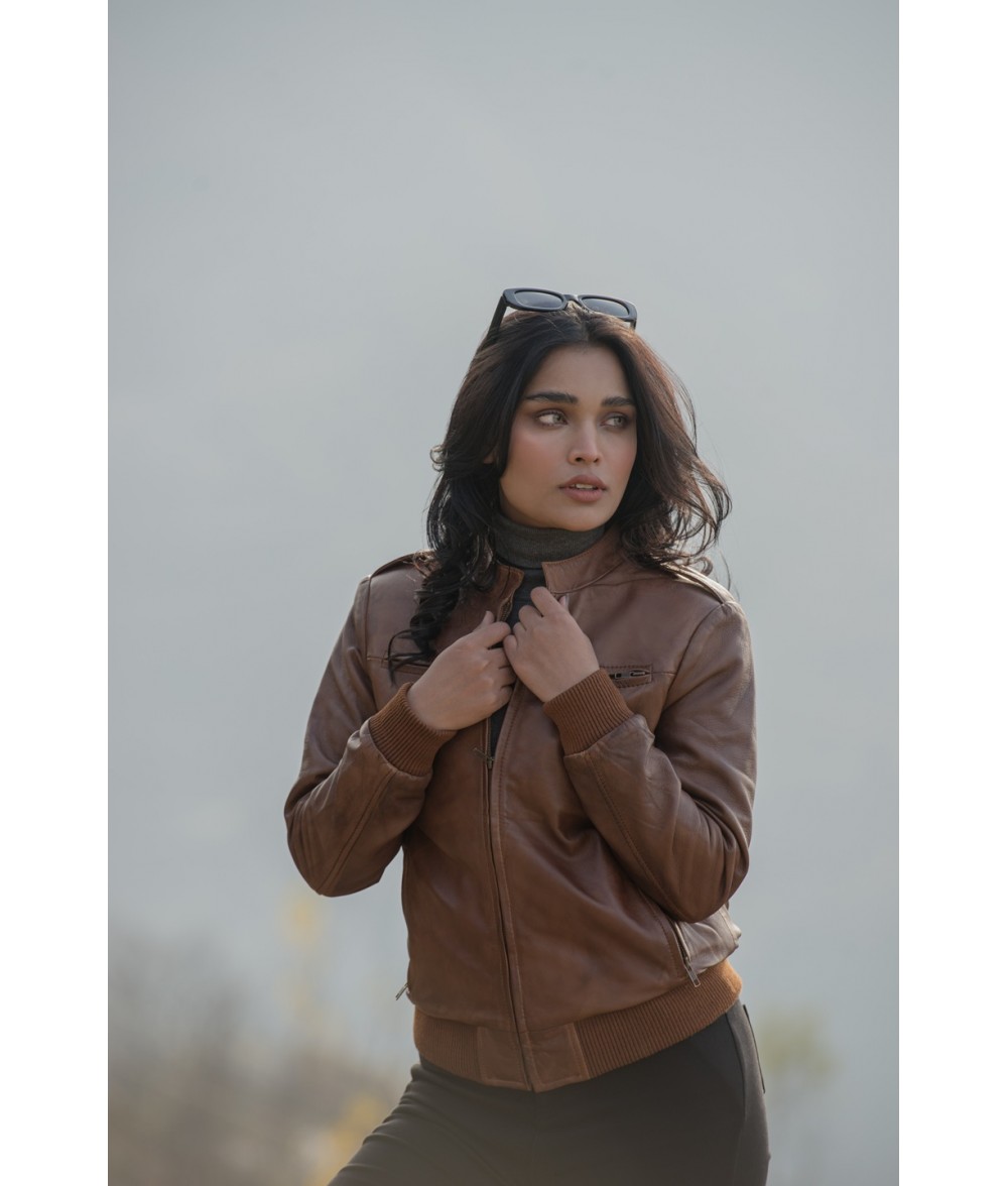 Breeze Cognac Brown Leather Bomber Jacket 